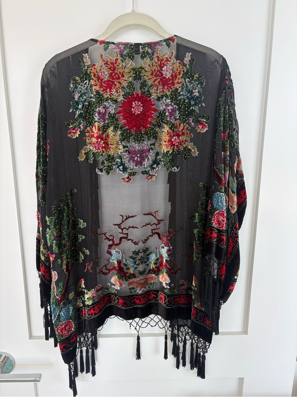 Ania A Silk Blend Beaded Peacock Crane Kimono Cardigan Velvet Tassel Fringe S/M